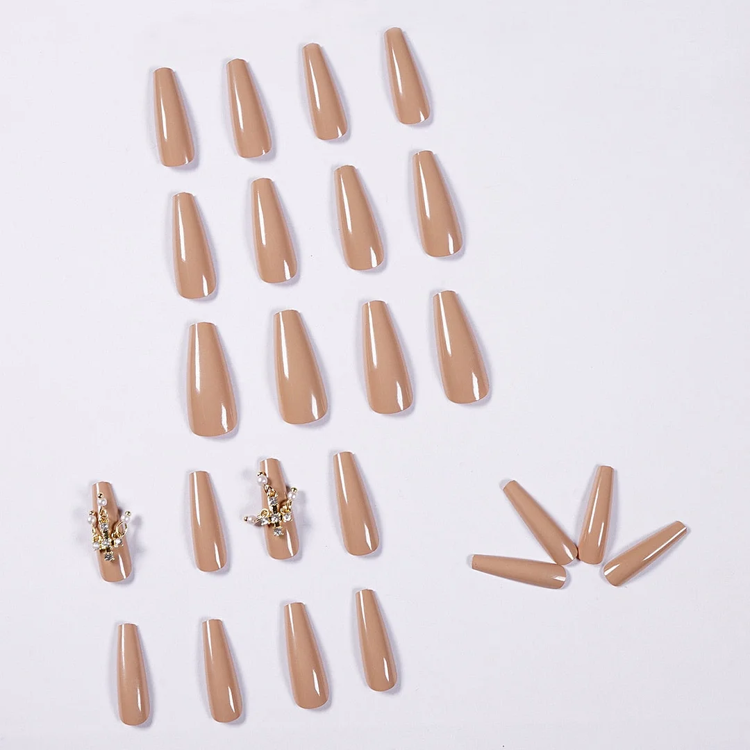 24pcs Tea Color Cross Pendant Fake Nails Full cover Fake Nails Glue DIY Manicure Nail Art Tools-Nail Inspo