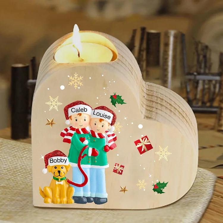 Navidad - Candelero de corazón de madera familia de 2 con perro muñecos personalizado con 3 nombres sin vela