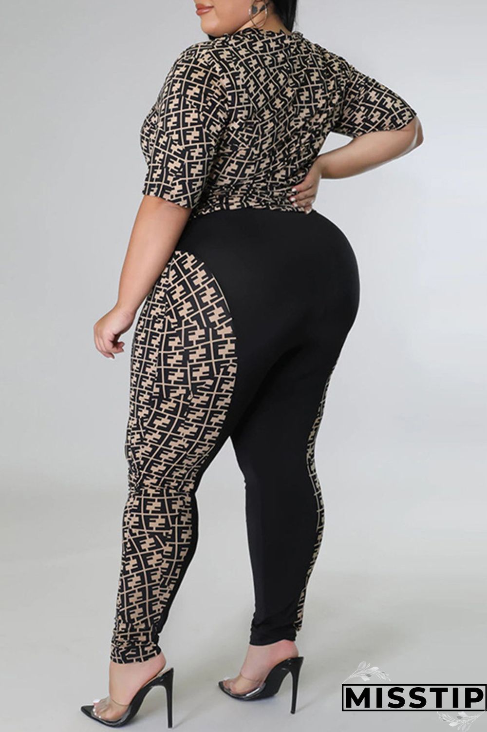 Black Fashion Casual Print Patchwork Zipper Collar Plus Size Two Pieces