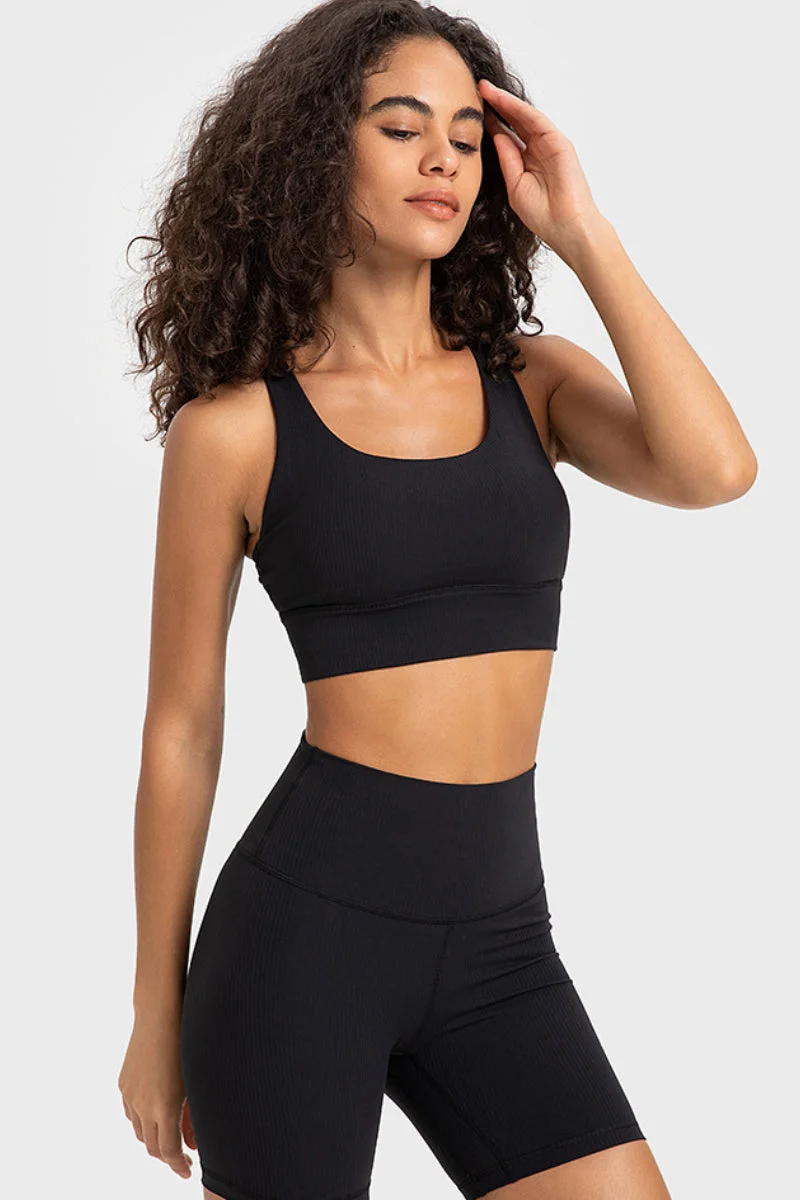 Solid Color U Neck Cross-Back Double Strappy Cropped Length Sporty High-Intensity Shockproof Athletic Yoga Top