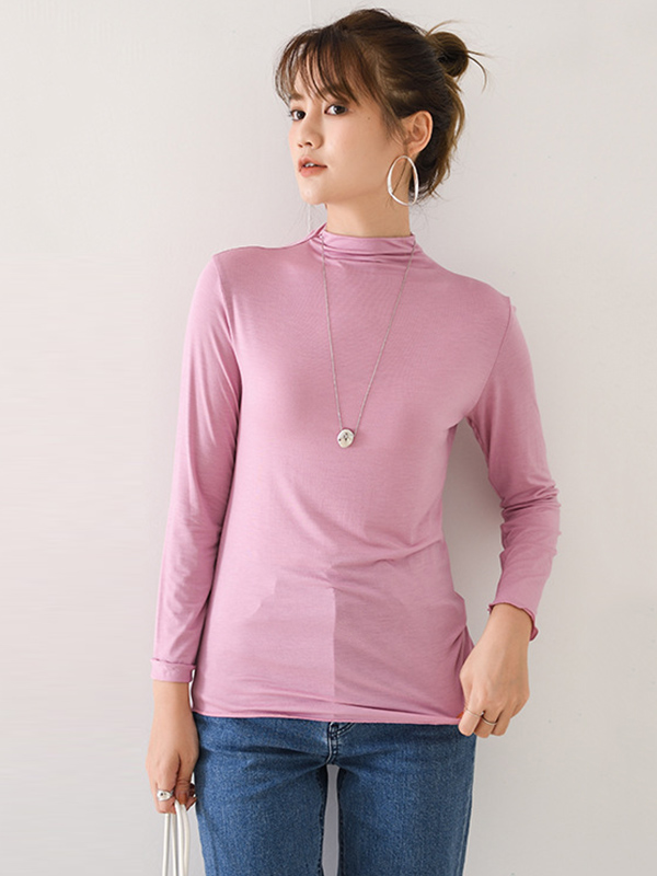 10 Colors Simple Solid Color Long Sleeves High-Neck T-Shirt Top PINK-M