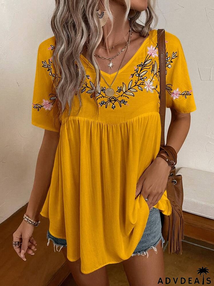 Floral Embroidery Smock Blouse