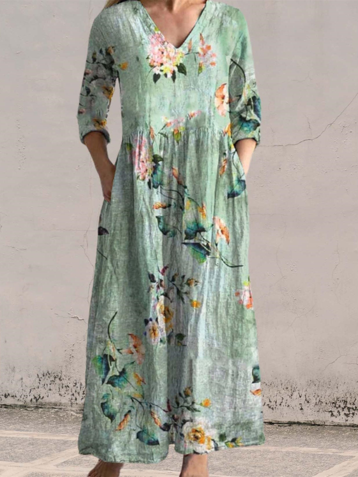 Women's 3/4 Sleeve V-neck Floral Printed Midi Dress