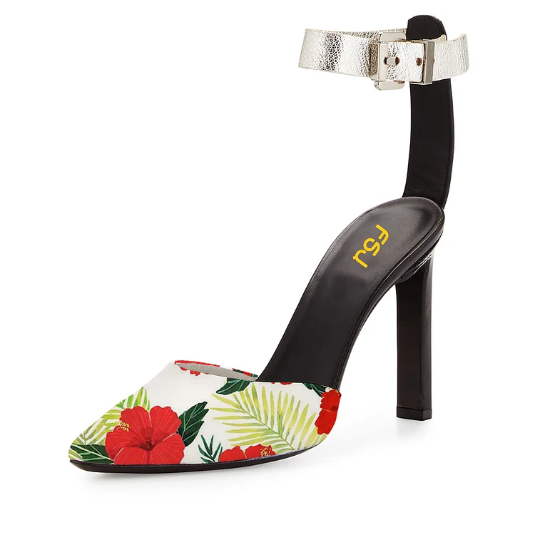 Floral Heels Ankle Strap Closed Toe Block Heel Sandals |FSJ Shoes