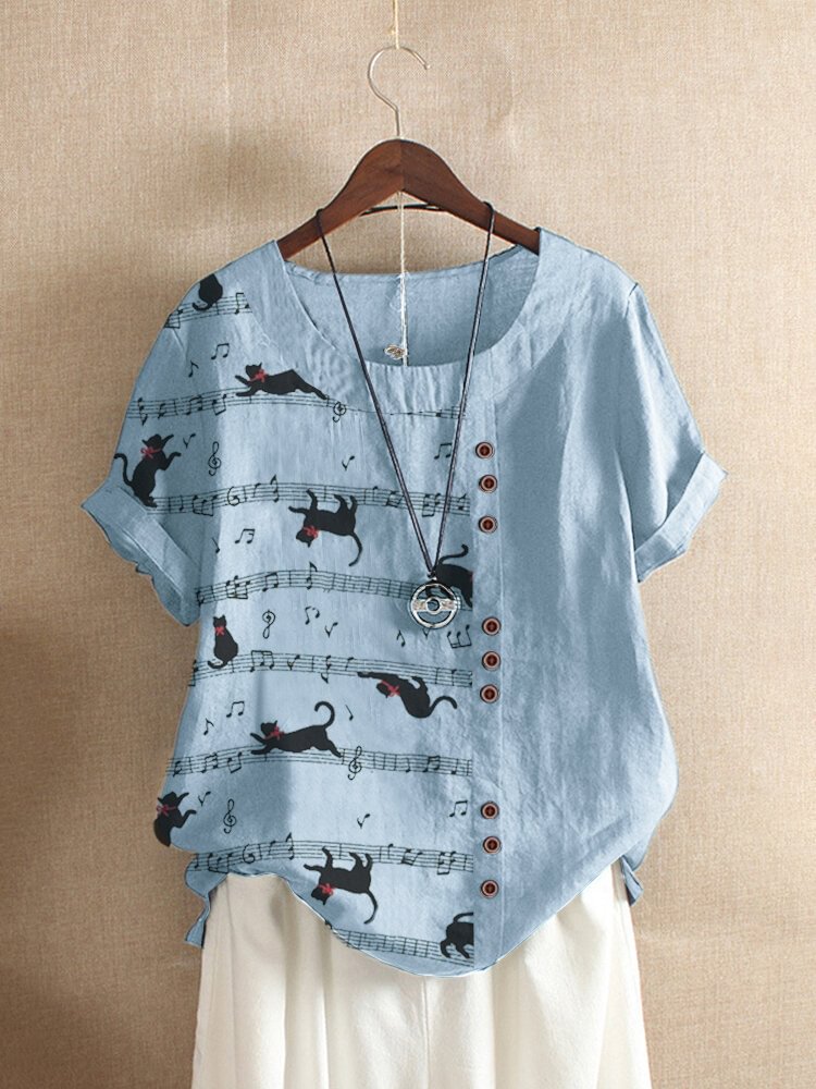 Cartoon Cat Note Printing Patched Short Sleeve Casual Shirt For Women P1666147