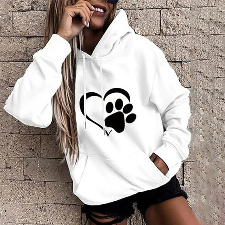 Wearshes Casual White Heart Dog Paw Print Loose Hoodie