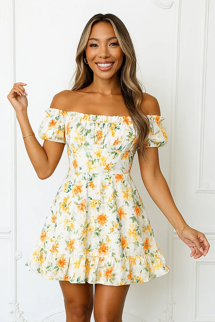 Off Shoulder Short Sleeve Floral Print A-Line Mini Dresses-Yellow [Pre Order]