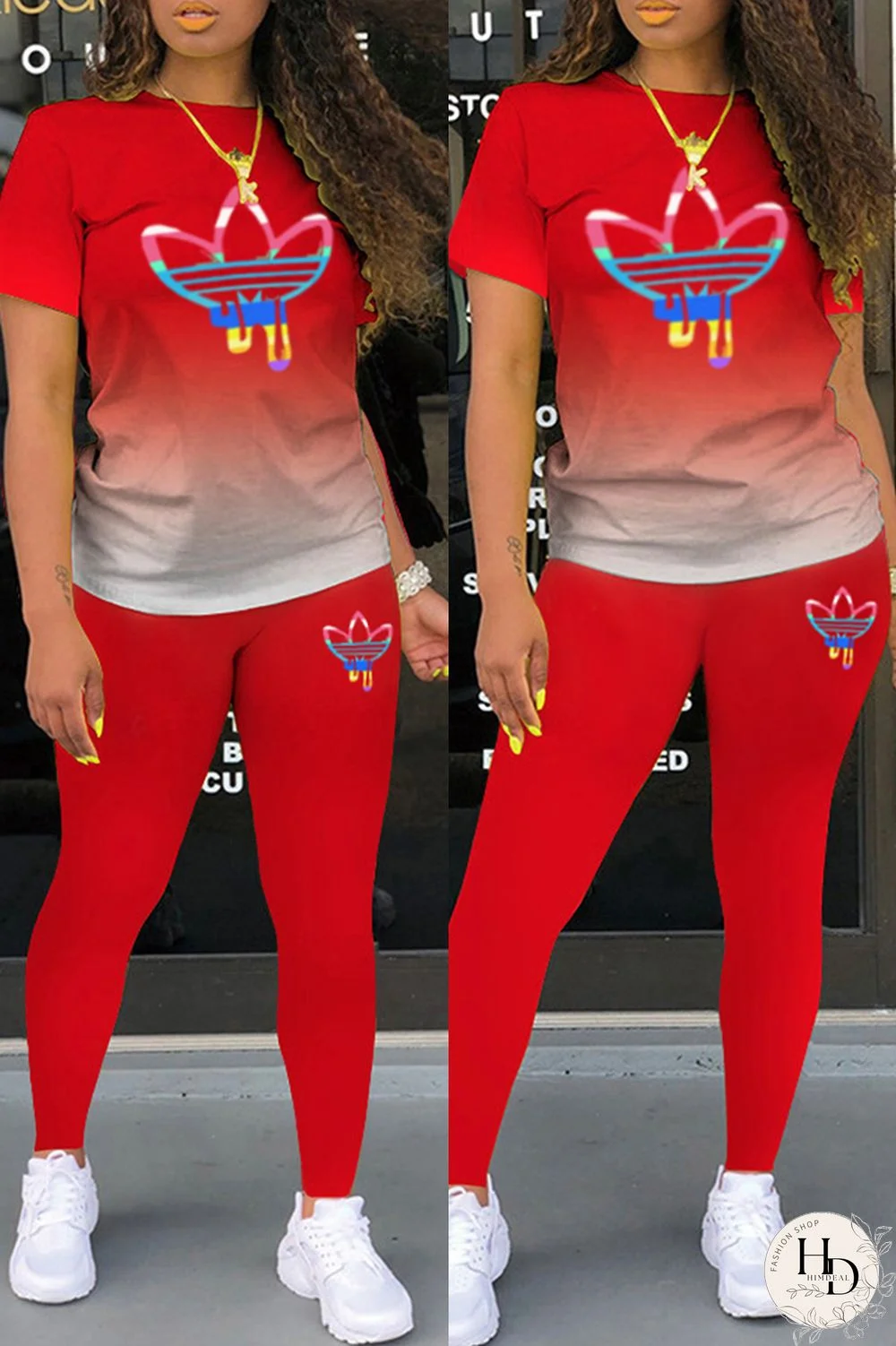 Black Casual Gradual Change Print Basic O Neck Short Sleeve Two Pieces