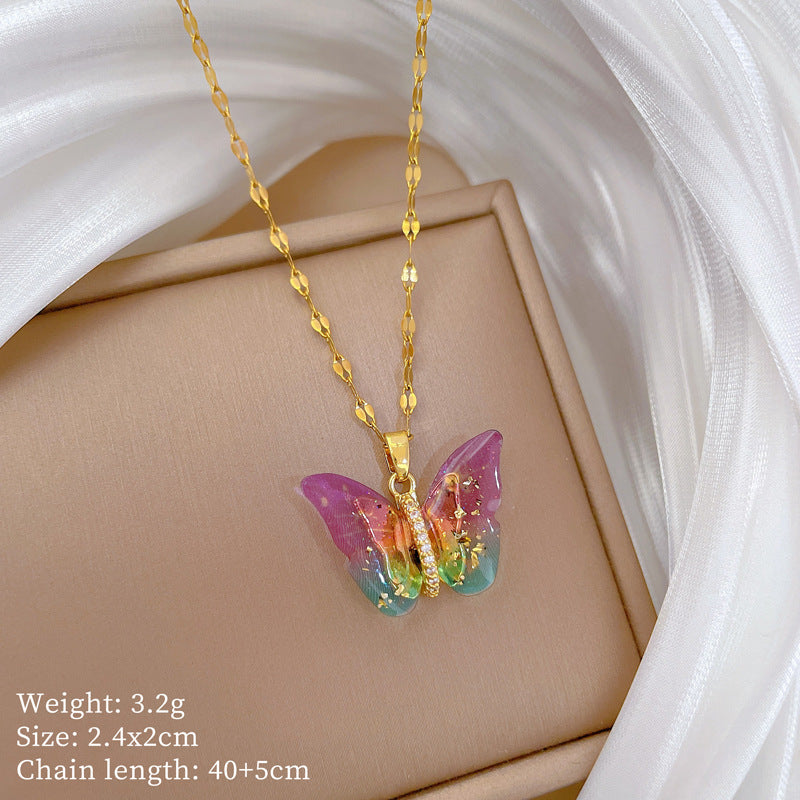 Colorful Butterfly Personality Fashion Gorgeous Full Diamond Necklace Women’S All-Match Clavicle Chain Titanium Steel
