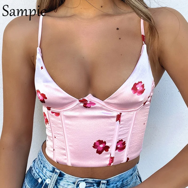 Sampic Fashion Print Floral V Neck Sexy 2021 Summer Stain Women Corset Crop Tops Skinny Mini Club Vest Camis Stap Tank Tops