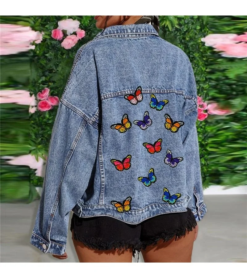 Women Fashion Lapel Butterfly Embroidery Denim Coat S-L