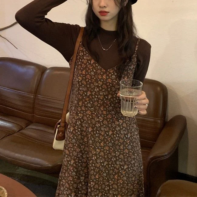 Long-Sleeve T-Shirt / Floral Print Midi Overall Dress YP1586