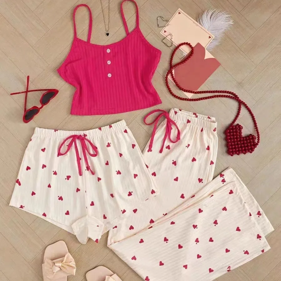 Churchf Pajamas Girls Spring And Summer New Sweet Cute Girl Three-Piece Set Of Advanced Thin Set Shorts Homewear