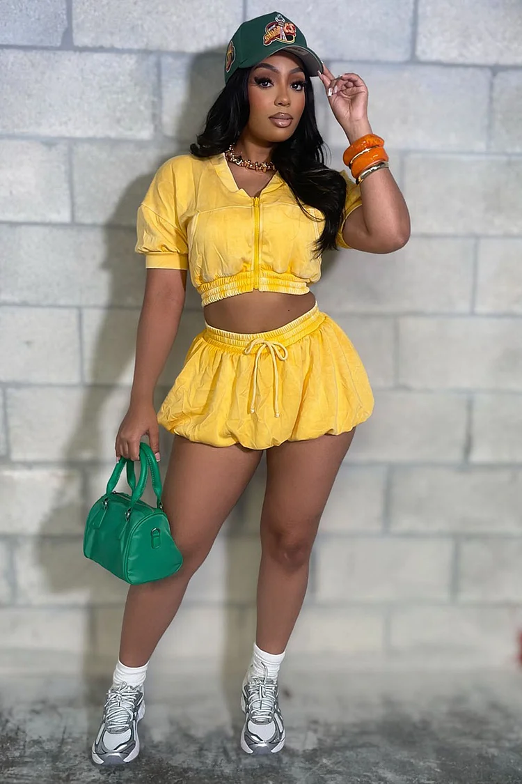 Puff Sleeve Zip-Up Crop Top Lantern Shorts Daily 2pcs Set-Yellow