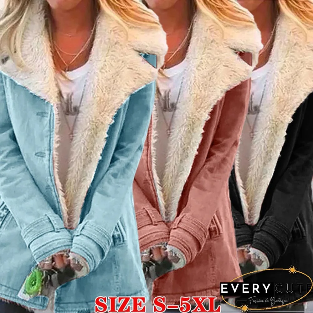 Autumn Winter Women Fashion Faux Fur Lining Jackets Turn-Down Collar Outerwear Ladies Warm Lapel Long Sleeve Jacket Coats Plus Size S-5XL