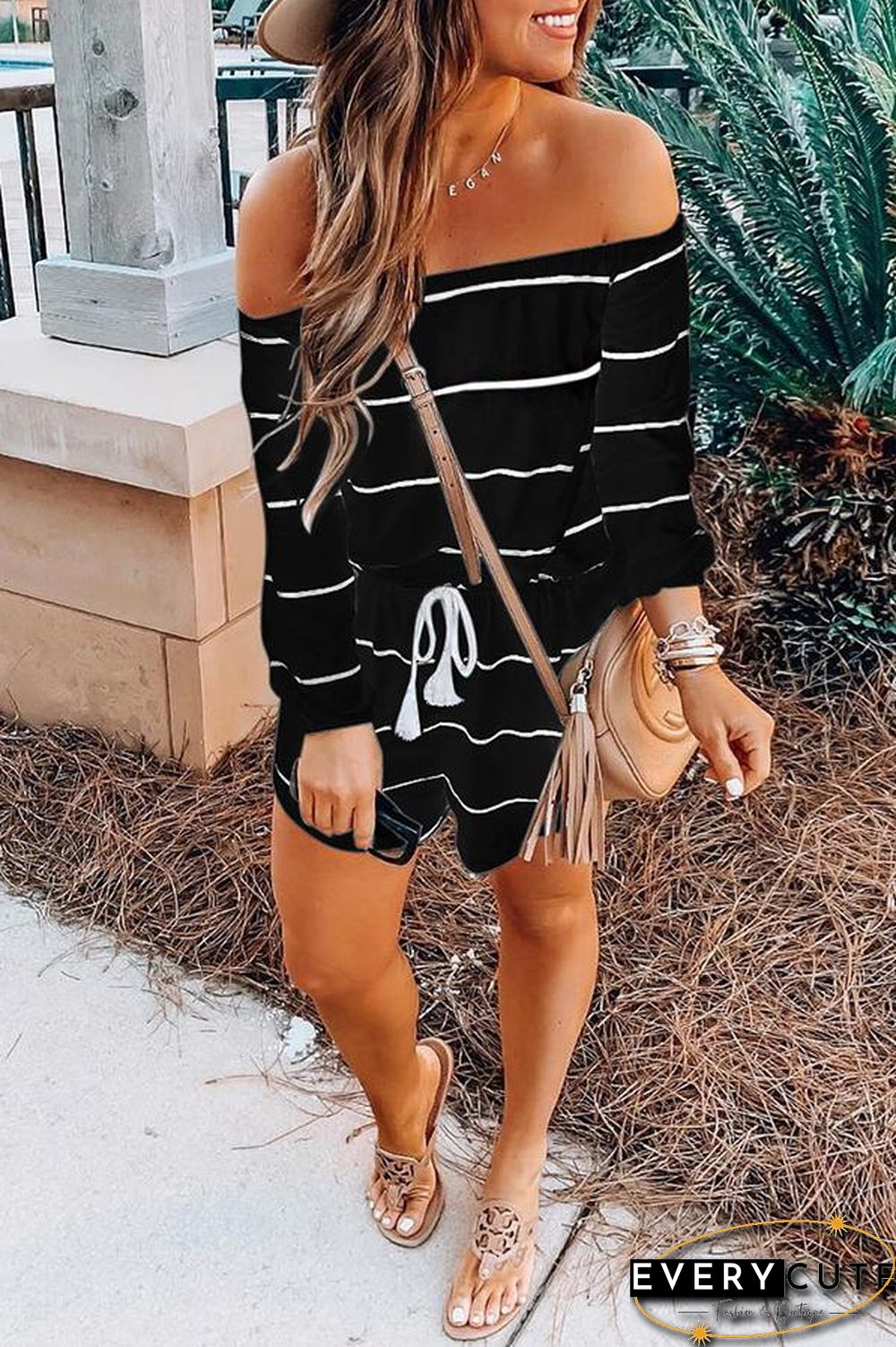 Off Shoulder Striped Printed Drawstring Romper P13659