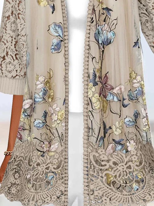 Women 3/4 Sleeve Scoop Neck Floral Printed Graphic Lace Cardigan Coats