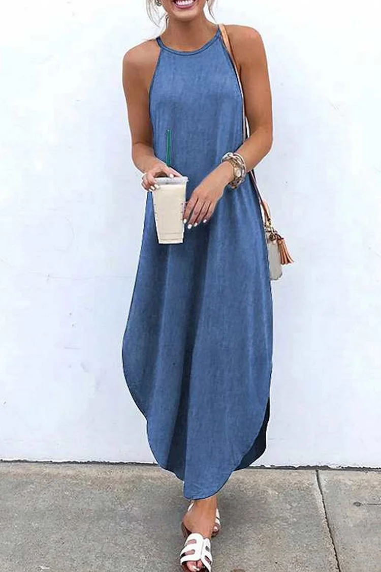 SOLID DENIM HALTER HOLIDAY MAXI DRESSES