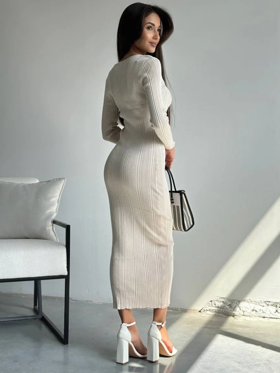 Athvotar Athvotar Wind Solid Color Knitted Dress Female Spring And Autumn Temperament Waist Long Sleeve Long Skirt