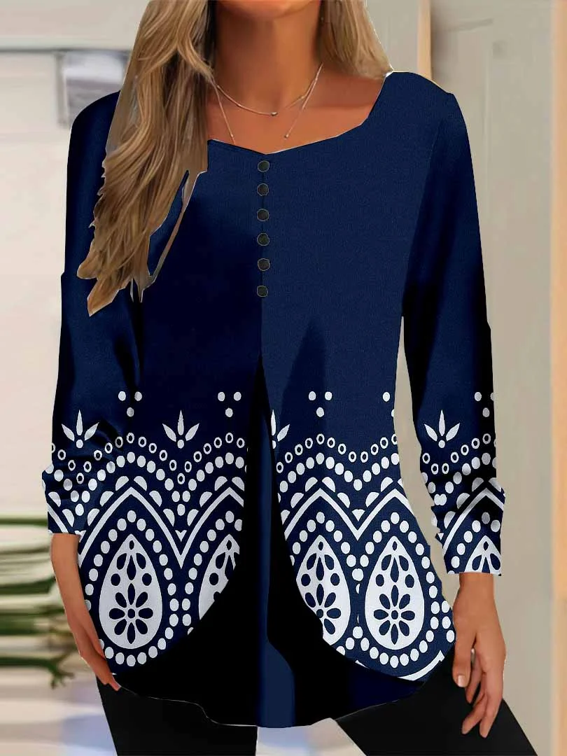 Women Graphic,Blue DZGG8284 Long Sleeve Scoop Neck Printed Graphic Button Fake 2in1 Tops