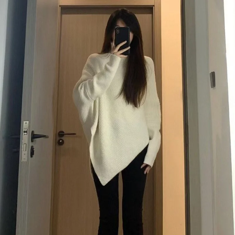 Churchf Churchf Winter Korean Version High Collar Hem Irregular Niche Design Sense Sweater Loose Lazy Wind Soft Waxy Knit Female Top