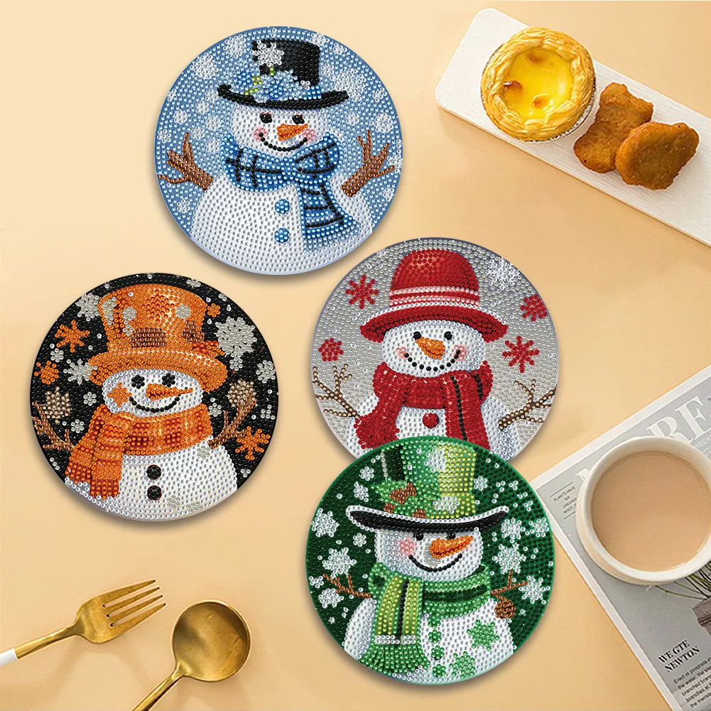 4pcs Snowman Diamond Art Coasters Kits for Home Party and Holiday Decorations