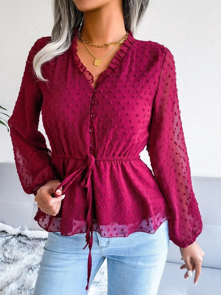 Solid Chiffon Blouses For Women Fashion Jacquard V Neck Long Sleeve Office Work Lady Shirts Tops Plus Size Elegant Blouse