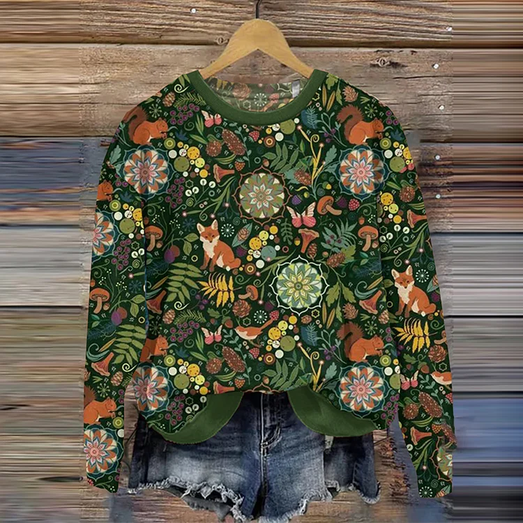 Lässiges Rundhals-Sweatshirt mit Wald- und Fuchs-Kunstdruck