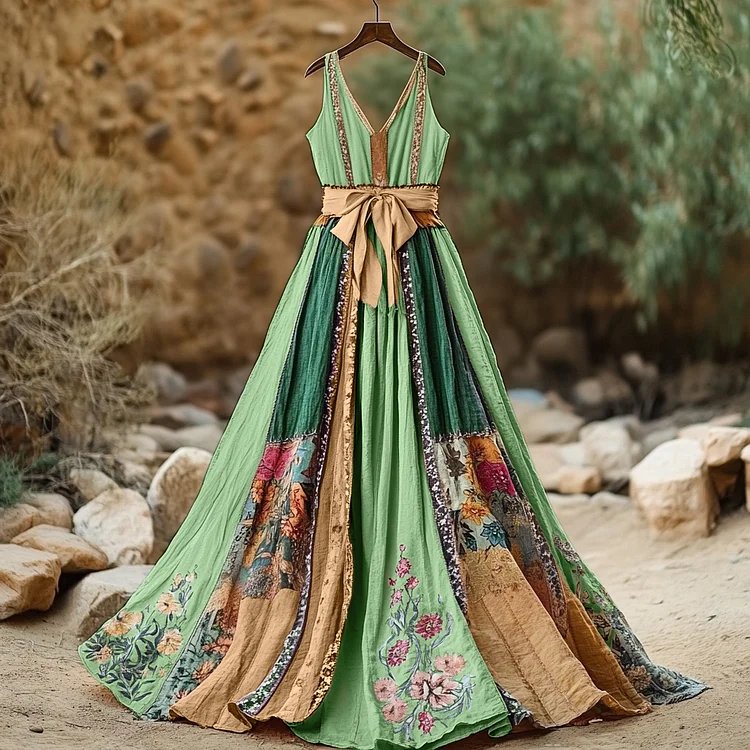 VChics Women's Vintage Floral Art Linen Dress