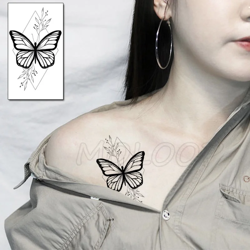 Waterproof Temporary Tattoo Sticker Black Wolf Arrow Rose Butterfly Flash Tattoos Totem Line Body Art Hand Fake Tatoos Women Men