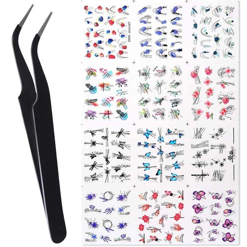 Harunouta Water Decals Stickers Summer Simple Green Leaves Butterfly Geometric Lines Flowers Nail Art Decorations Manicures