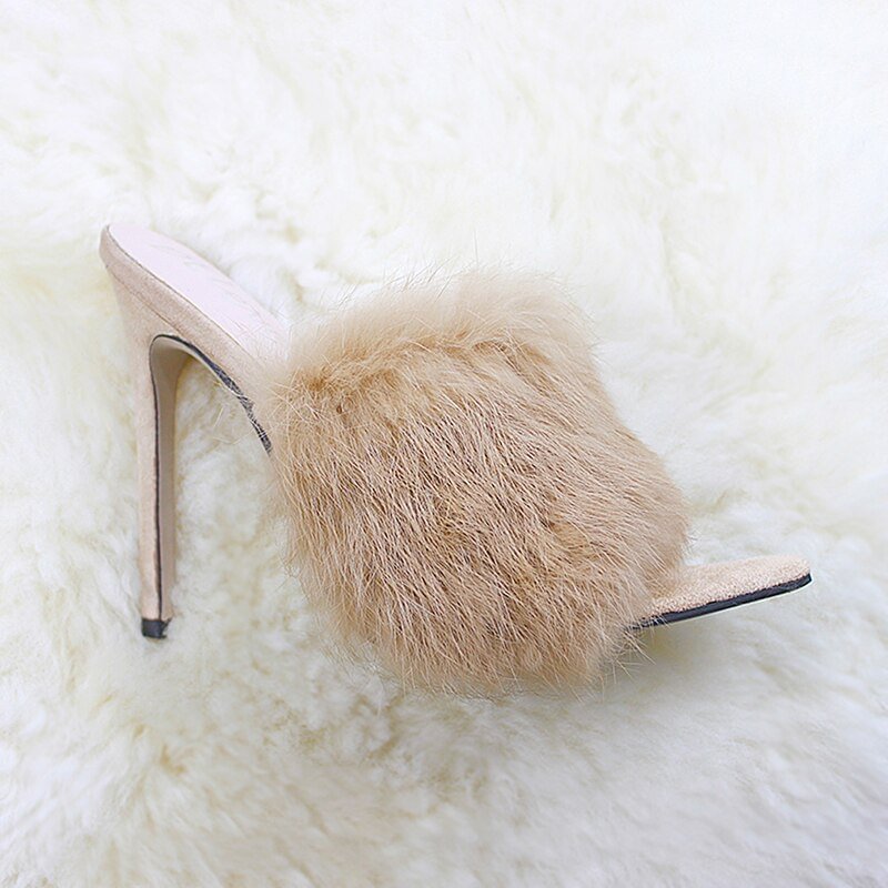 2021 New European Station Sandals Candy Color Luxury Rabbit Fur Slippers Large Women Shoes Size 35-43 High Heel Sandals