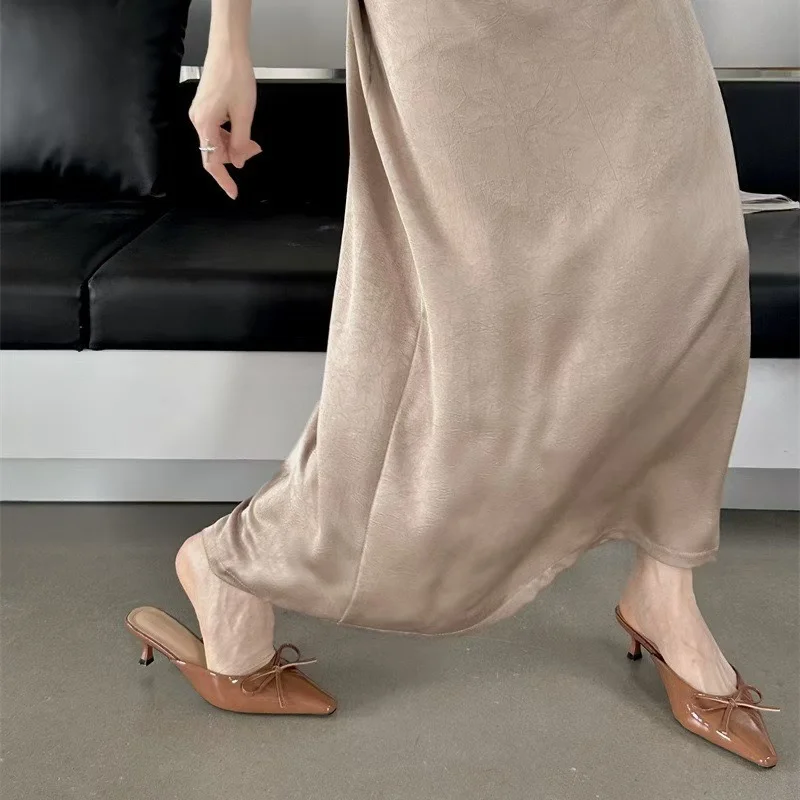 Breakj Breakj The Summer Of 2025, The New Bow In The Fine Heel Muller Shoes Half Slippers Women's Large-Size High-Heeled Single-Shoe Sand Slippers