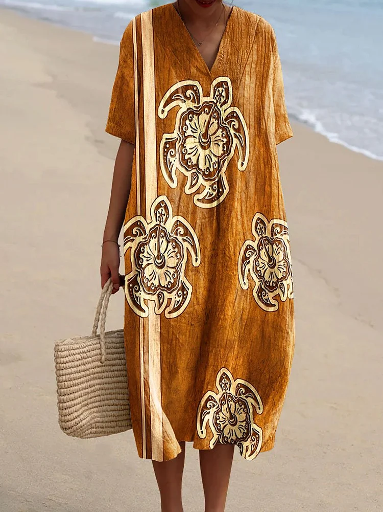 Women's Vintage Ocean Turtle Art Print Flowy Dress