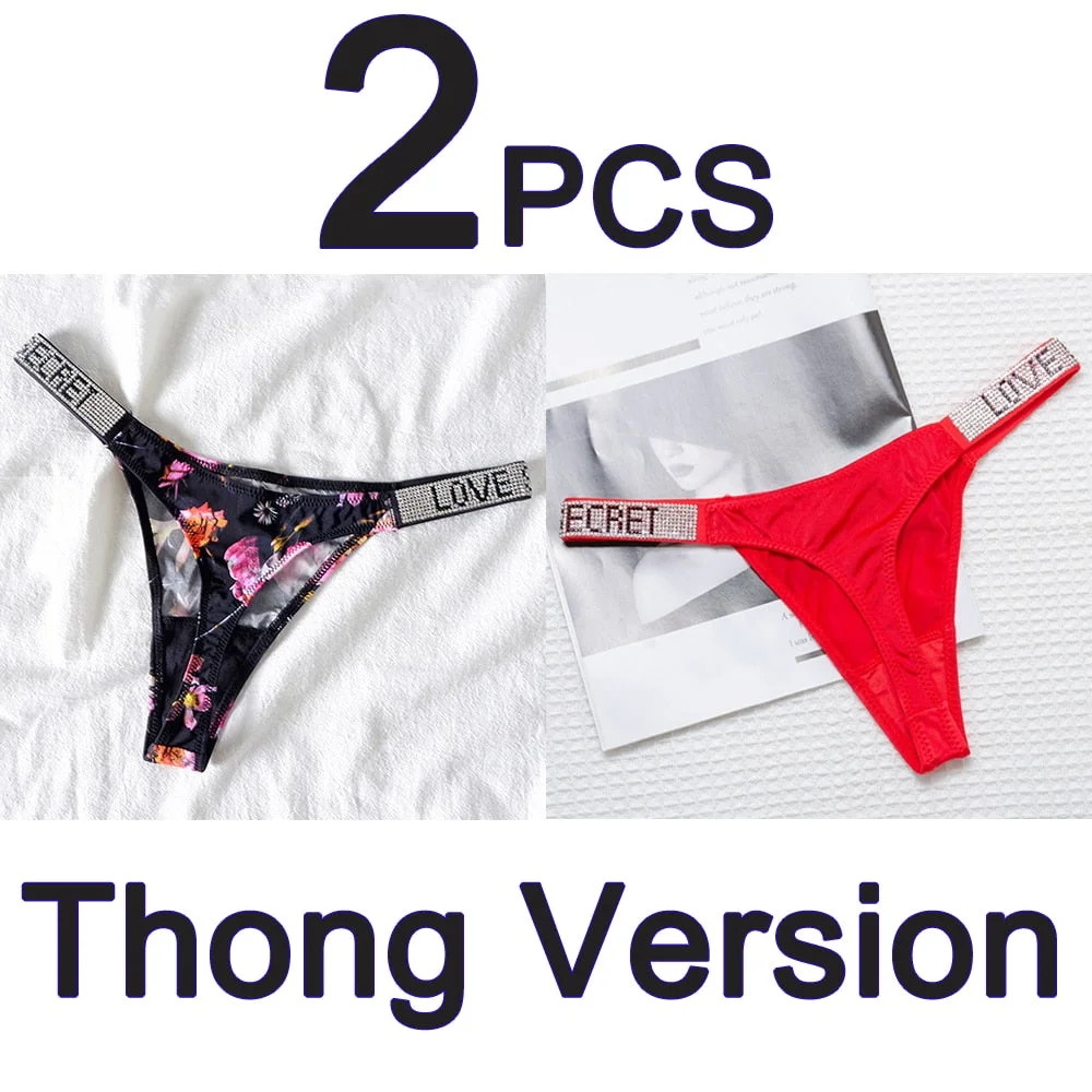 2PCS Sexy Low Waist Panties G String Comfort Satin Underwear Women Rhinestone High Fork Thong Seamless Intimates Lingerie Cotton