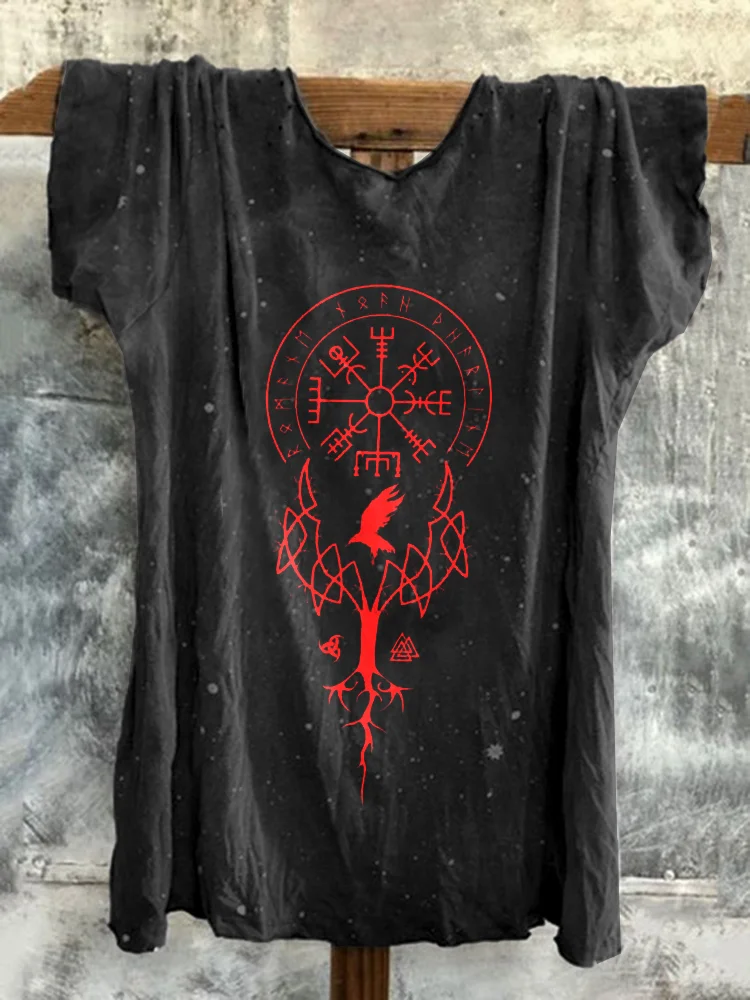Retro Viking Totem Tie-Dye Printed T-Shirt