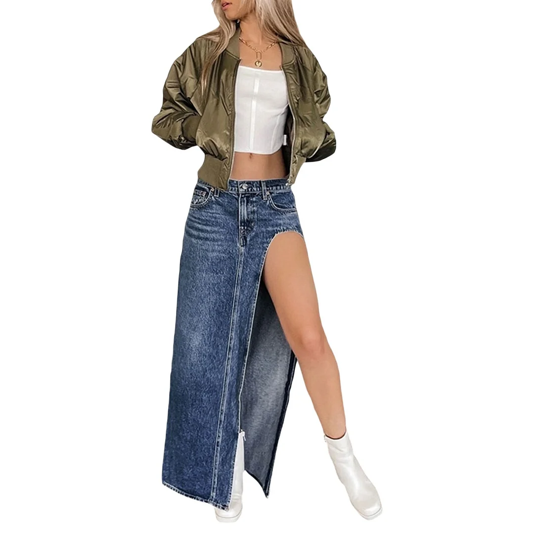 Women's  Summer Long Skirt Vintage Slim Denim Skirt Blue High Waist Side Split Streetwear Casual Fairy Grunge Pencil Skirt