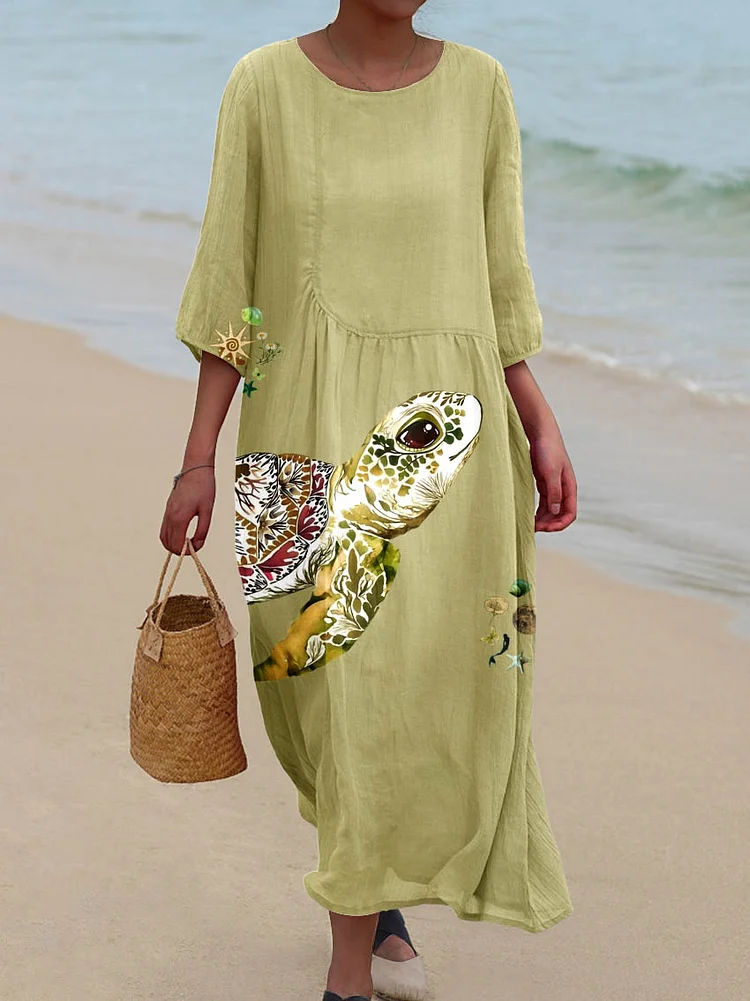 Womens Watercolor Sea Turtle Pattern Pocket Cotton Dress