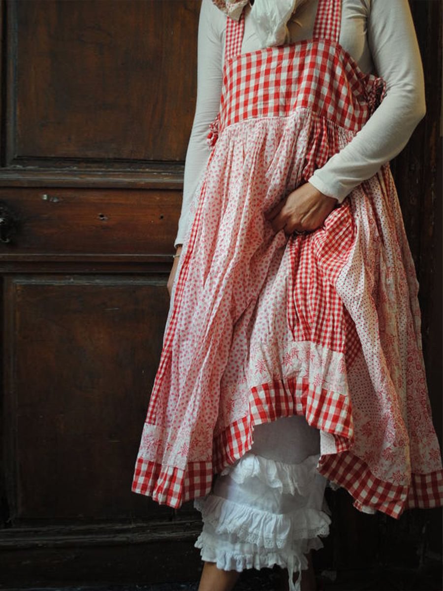 Women Casual Linen Plaid Suspender Dress