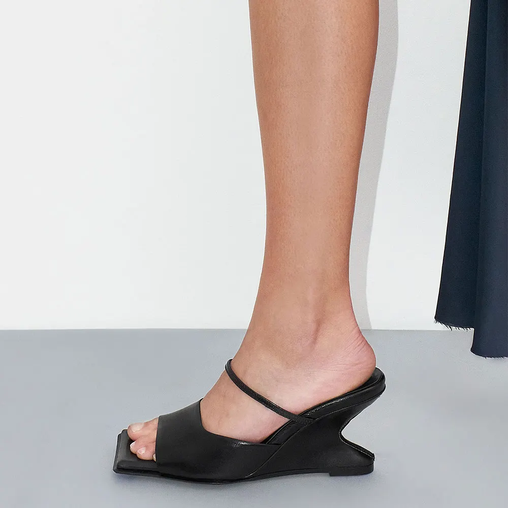 Black Square&nbsp;Toe Wide Strap Slip On Wedge Sandals for Women