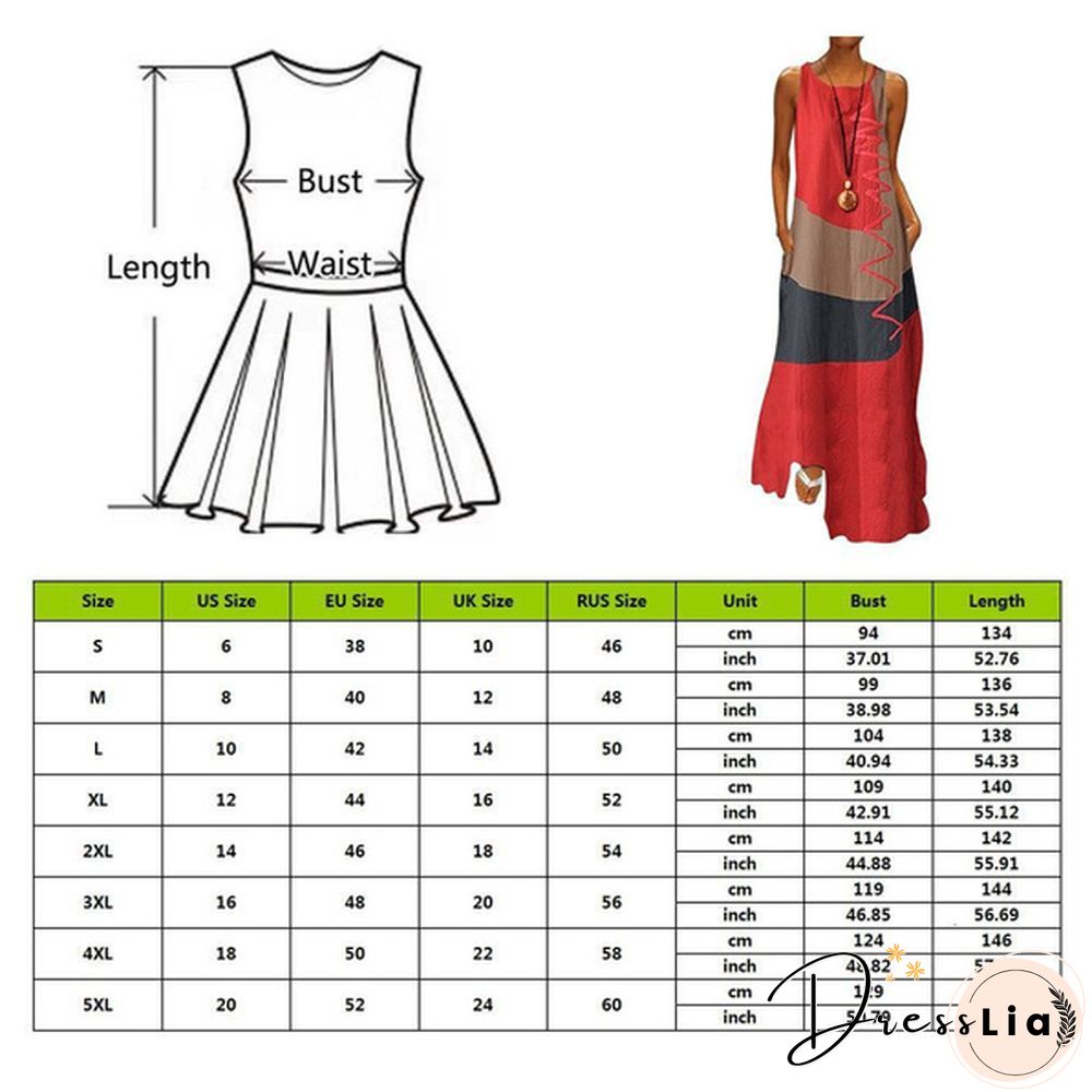 Vintage Color Stitching Maxi Dress Women's Summer Sundress Casual Sleeveless Tank Female O Neck RobeCIU8