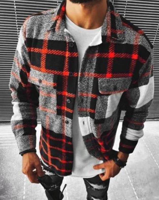 Men's Loose Single Breasted Plaid Long Sleeve Shirt
