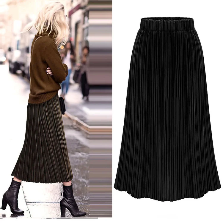 Wearshes High waist pleated skirt a-line velvet skirt