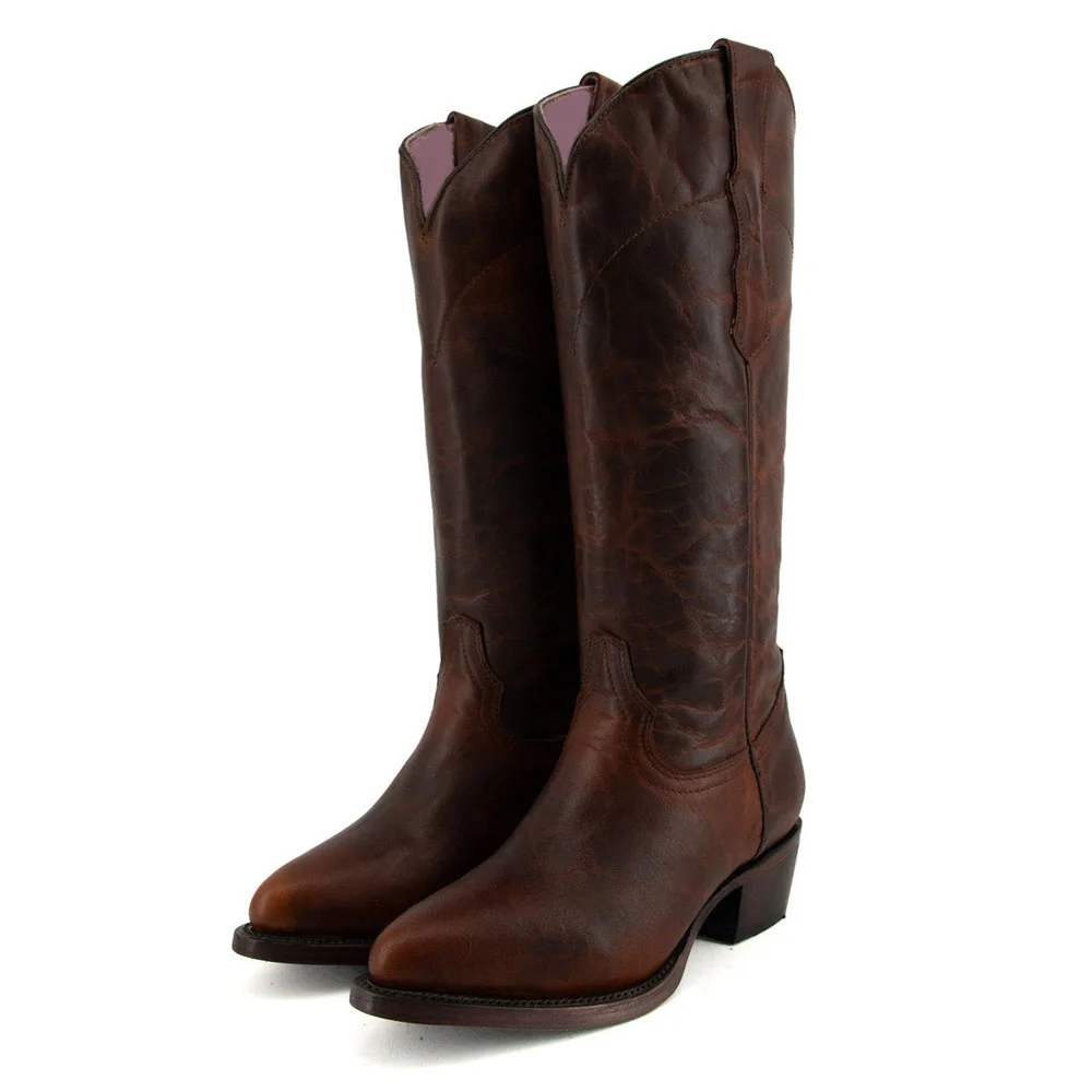 Brown Chunky Heel Round Toe Distressed Cowboy Boots for Women
