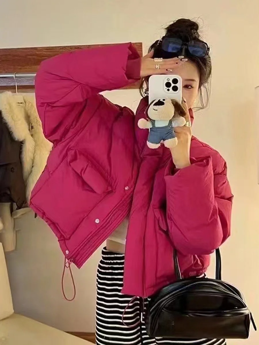 Toloer Korean Version Vertical Collar Down Jacket Women's Short Style 2024 Winter New Thickened Warm White Duck Velvet Large Pocket Bread Coat-Outfit Ideas