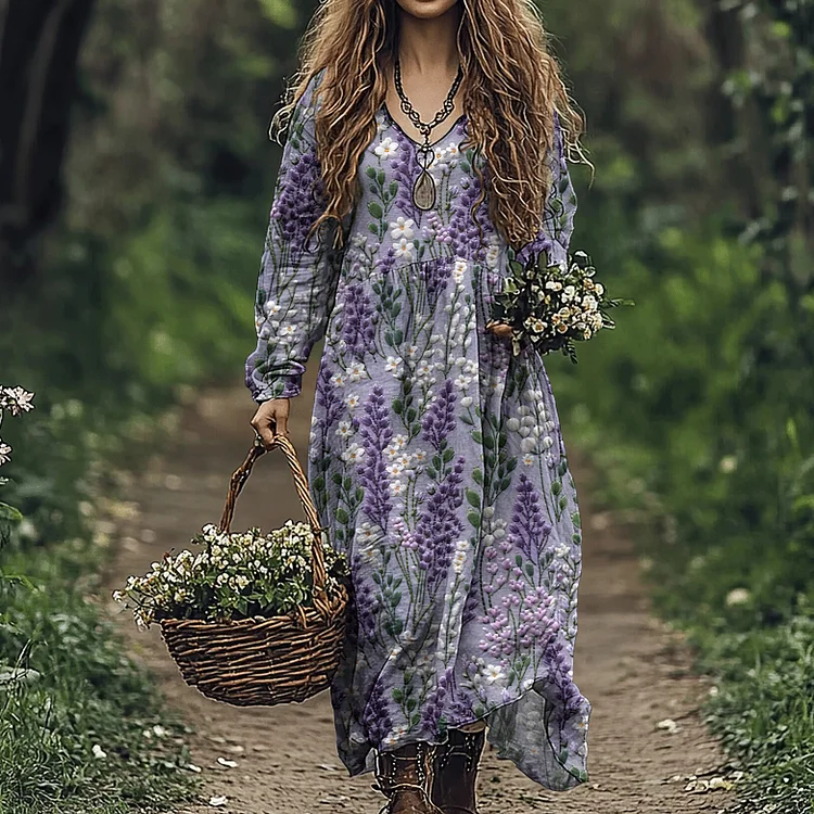 Vintage Botanical Floral Embroidery Women's Linen Maxi Dress