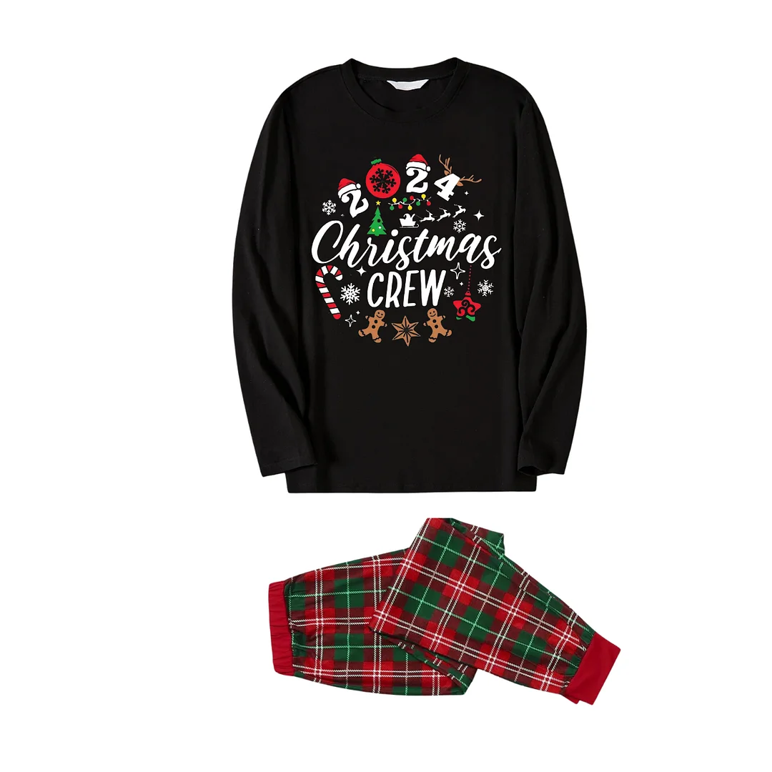 "2024 Christmas Crew" Text and Christmas Pattern Printed Red and Green Plaid Family Matching Pajamas