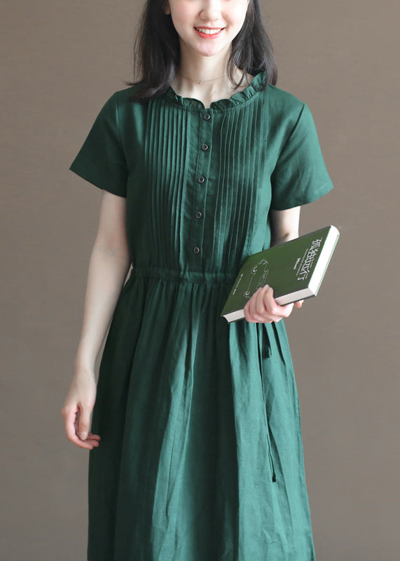 VCSHOES Blackish Green Ruffled Wrinkled Drawstring Cotton Dress Short Sleeve