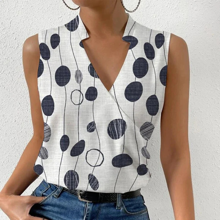 Mature Women Casual Printed Tops Summer V-neck Sleeveless T-shirt