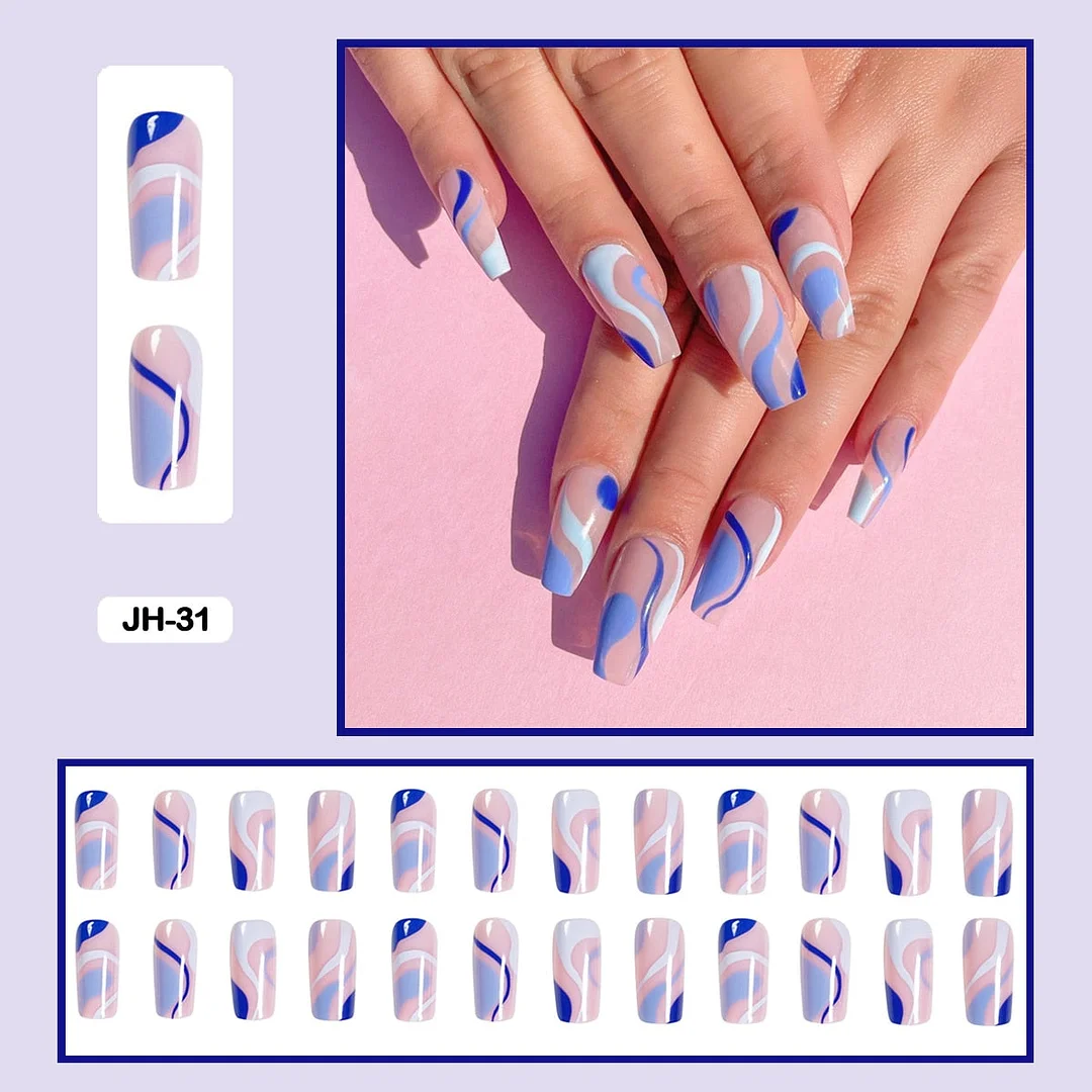 24pcs/box Long Trapezoid Fake Nails Geometric Simplicity Personality Graffiti Animal Pattern Nail Art Nails Press on With Glue-Nail Inspo